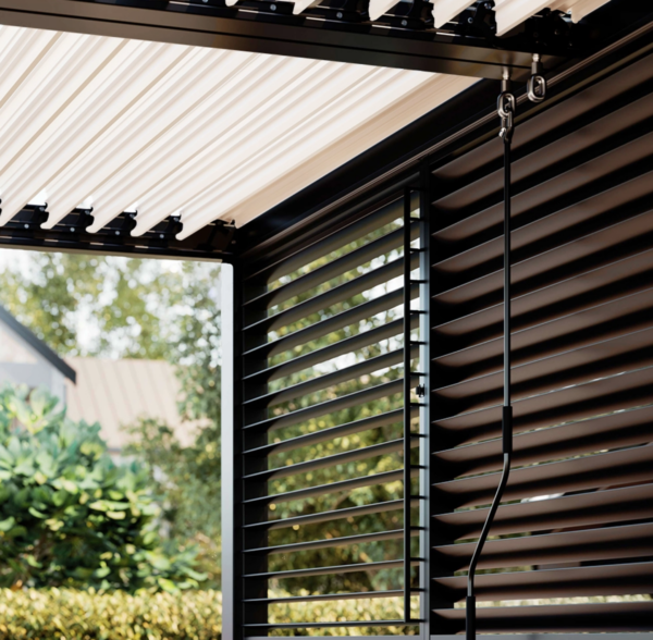 Anbau-Bioklimatische Pergola 3 × 3 m mit verstellbaren Aluminiumlamellen, Anthrazitgrau