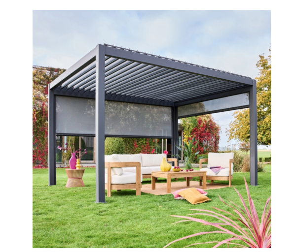 Bioklimatische Pergola TRIOMPHE, 300 × 400 cm, Aluminium anthrazitgrau, verstellbare Lamellen inkl. Seitenmarkise 300 cm + 400 cm