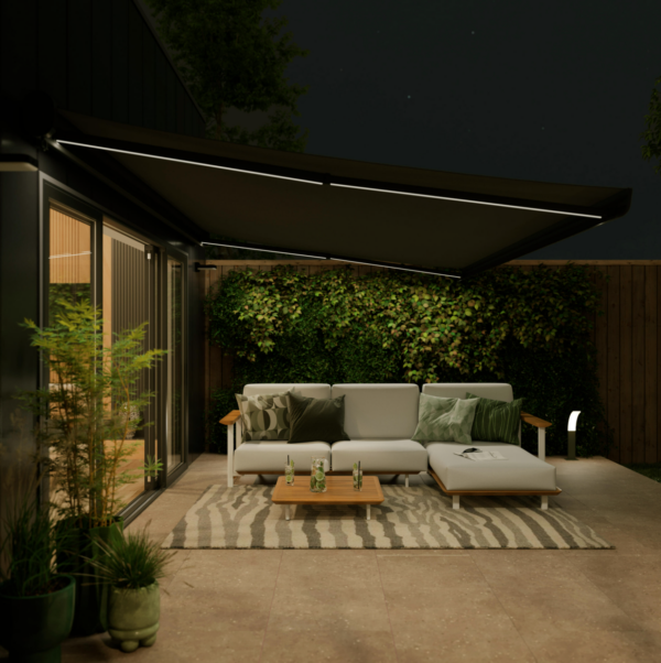 Motorisierte Gelenkmarkise LOBY L, 3,95 × 3,50 m, Grau mit LED-Beleuchtung