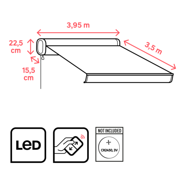 Motorisierte Gelenkmarkise LOBY L, 3,95 × 3,50 m, Grau mit LED-Beleuchtung