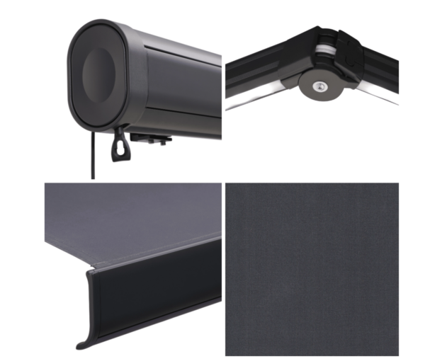 Motorisierte Gelenkmarkise LOBY L, 3,95 × 3,50 m, Grau mit LED-Beleuchtung