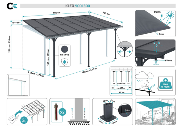 Anbau-Carport aus Aluminium 5 × 3 m (15 m²) mit Polycarbonatdach 6 mm, UV-beständig, Anthrazitgrau – KLEO