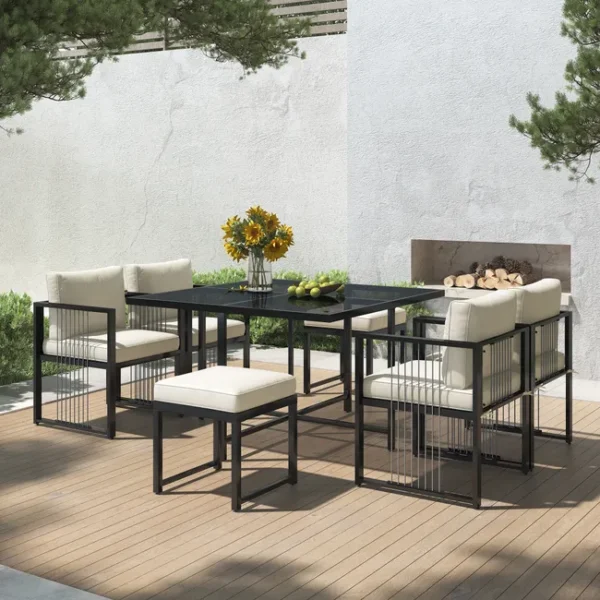 Gartenmöbel-Set aus Metall für 6 Personen – Tisch + 4 Sessel + 2 Hocker – Weiß und Schwarz