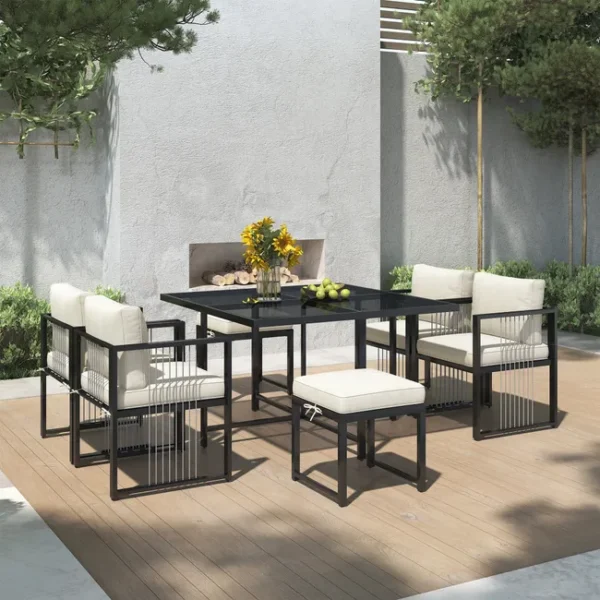 Gartenmöbel-Set aus Metall für 6 Personen – Tisch + 4 Sessel + 2 Hocker – Weiß und Schwarz