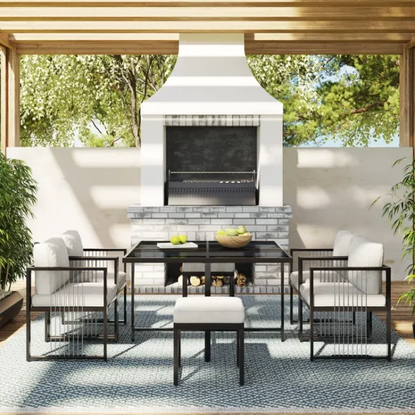 Gartenmöbel-Set aus Metall für 6 Personen – Tisch + 4 Sessel + 2 Hocker – Weiß und Schwarz