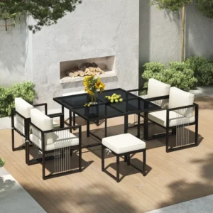 Gartenmöbel-Set aus Metall für 6 Personen – Tisch + 4 Sessel + 2 Hocker – Weiß und Schwarz