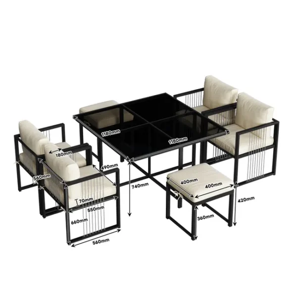 Gartenmöbel-Set aus Metall für 6 Personen – Tisch + 4 Sessel + 2 Hocker – Weiß und Schwarz