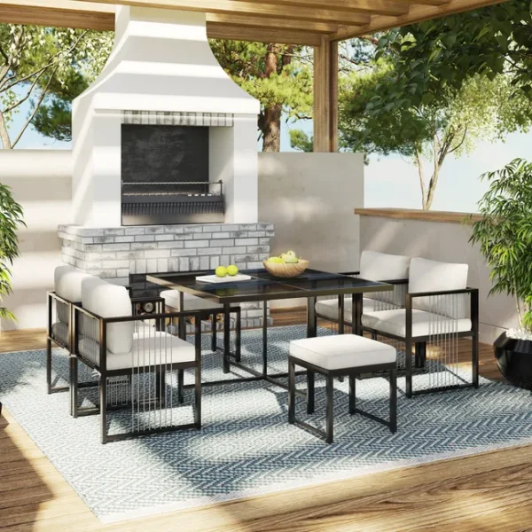 Gartenmöbel-Set aus Metall für 6 Personen – Tisch + 4 Sessel + 2 Hocker – Weiß und Schwarz