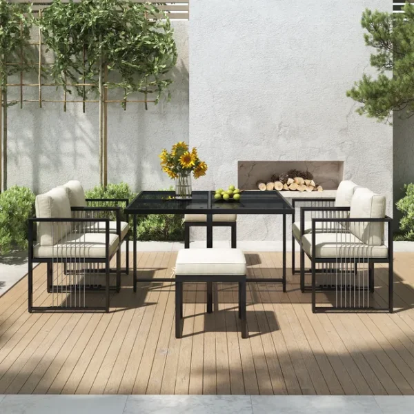 Gartenmöbel-Set aus Metall für 6 Personen – Tisch + 4 Sessel + 2 Hocker – Weiß und Schwarz
