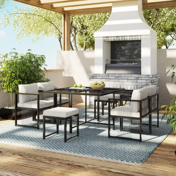 Gartenmöbel-Set aus Metall für 6 Personen – Tisch + 4 Sessel + 2 Hocker – Weiß und Schwarz
